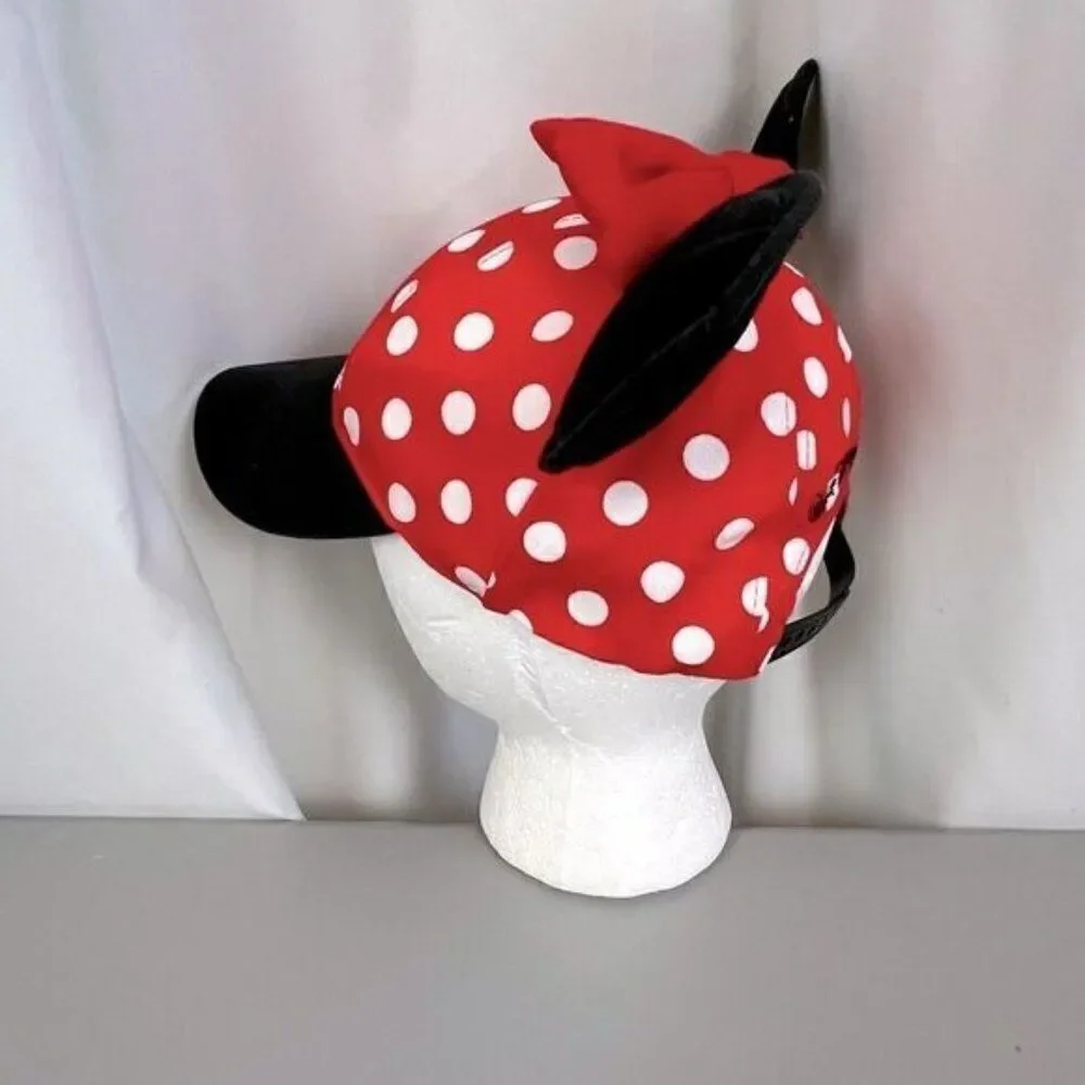DISNEY PARKS MINNIE MOUSE HAT RED BLACK AND WHITE DOTS GIRLS. EARS AND BOW